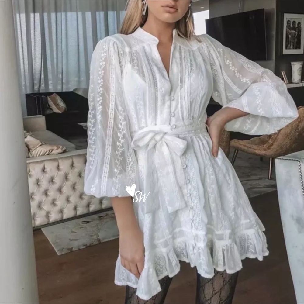 Boho Crochet Eyelet Button Up Gypsy Dress white